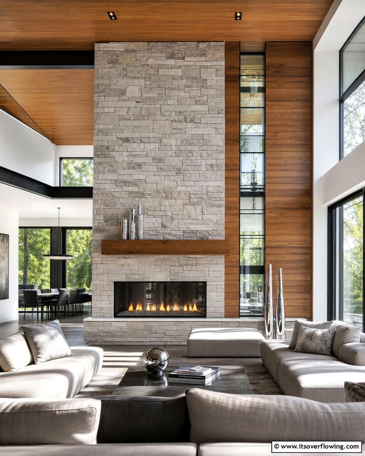 Faux Stone Fireplace with Mixed Materials - 25 Faux Stone Fireplace Ideas for a Cozy and Elegant Look