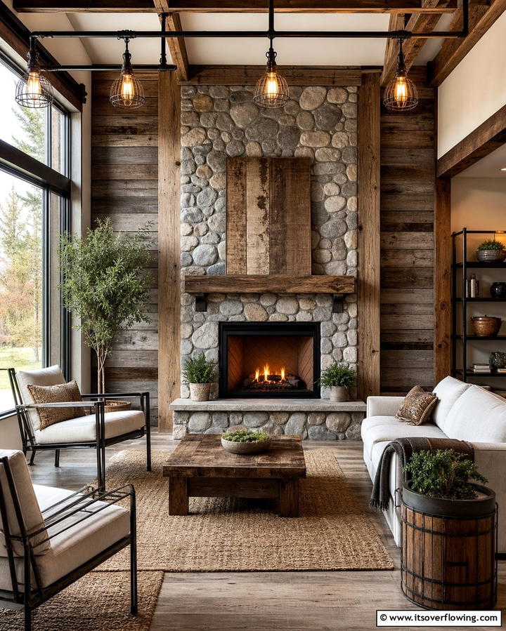 Faux Stone Fireplace with Reclaimed Wood Accents - 25 Faux Stone Fireplace Ideas for a Cozy and Elegant Look
