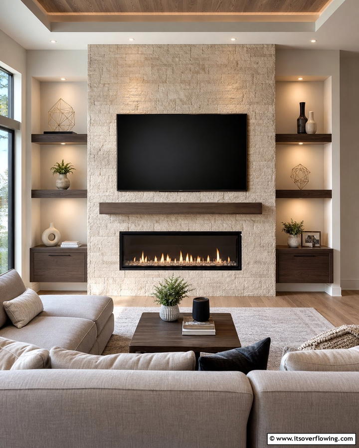 Faux Stone Fireplace with TV MountExact - 25 Faux Stone Fireplace Ideas for a Cozy and Elegant Look