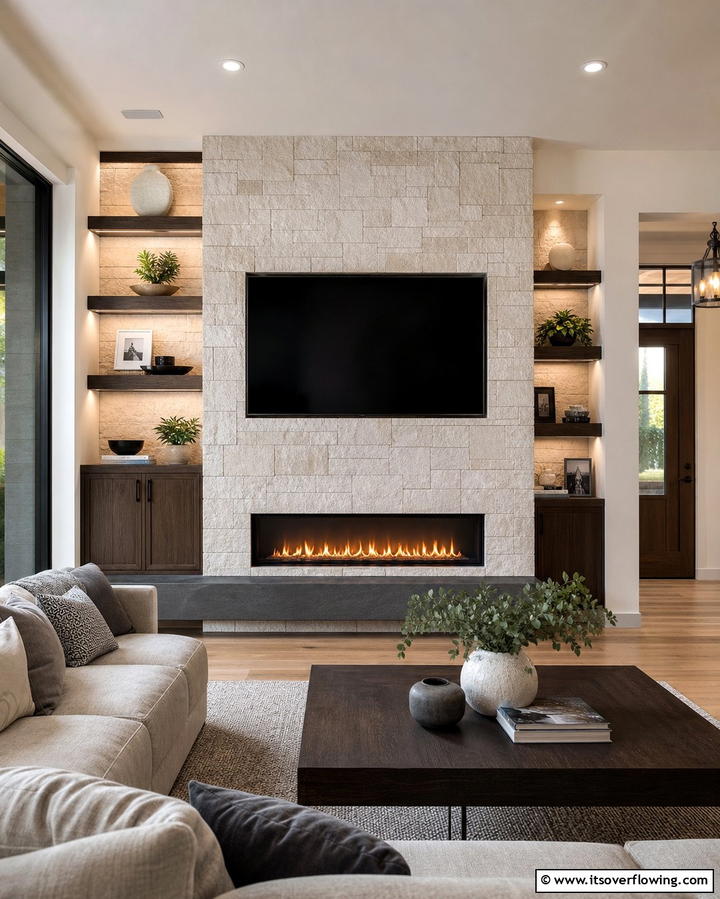Faux Stone Fireplace with TV MountOne - 25 Faux Stone Fireplace Ideas for a Cozy and Elegant Look