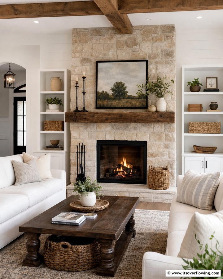 Faux Stone Fireplace with a Wooden Mantel - 25 Faux Stone Fireplace Ideas for a Cozy and Elegant Look
