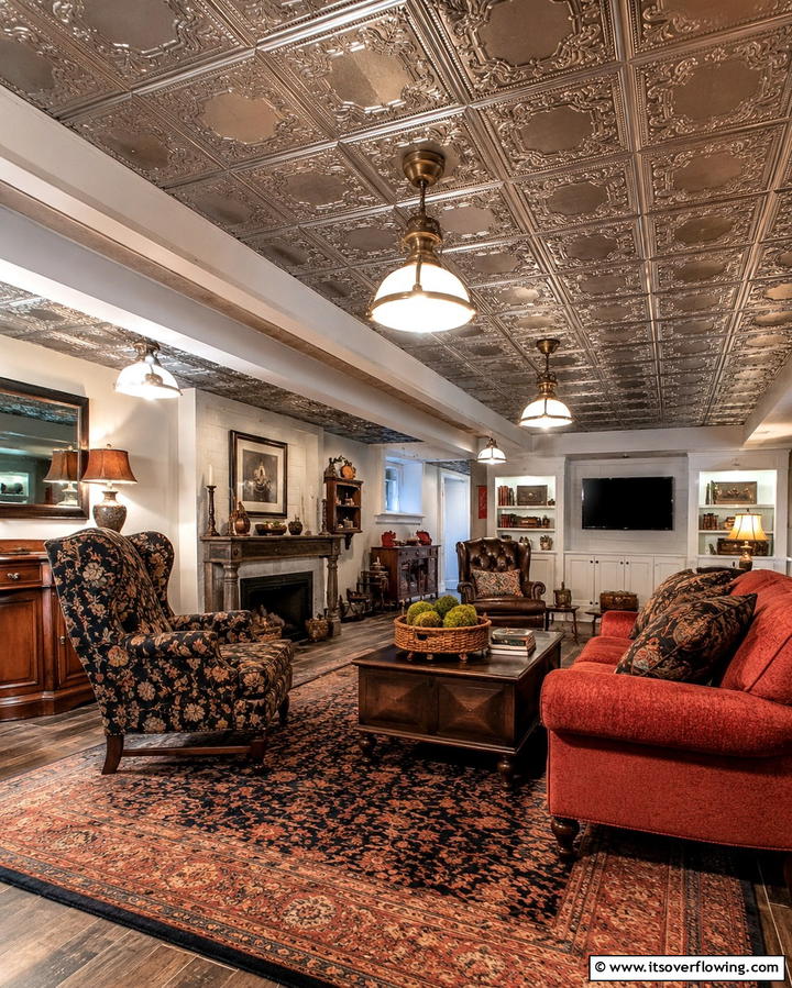 Faux Tin Ceiling Panels - 25 Exposed Basement Ceiling Ideas for an Industrial Chic Look