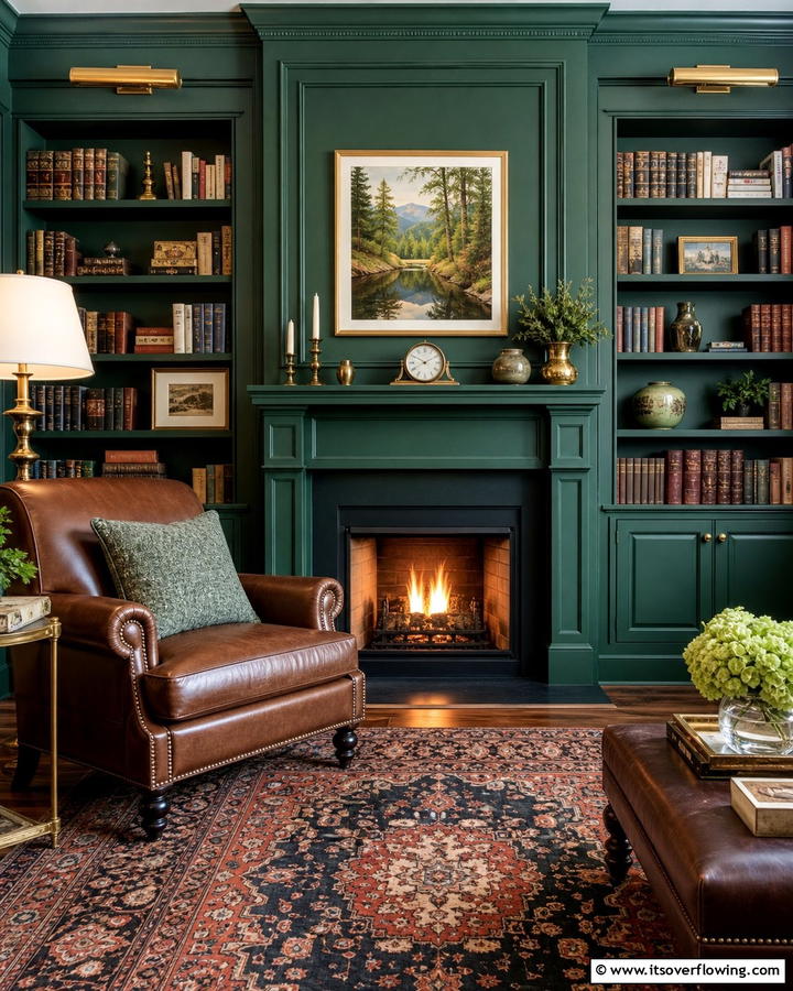 Featuring a Dark Green Fireplace for a Cozy Focal Point - 20 Dark Green Home Library Ideas and Inspiration