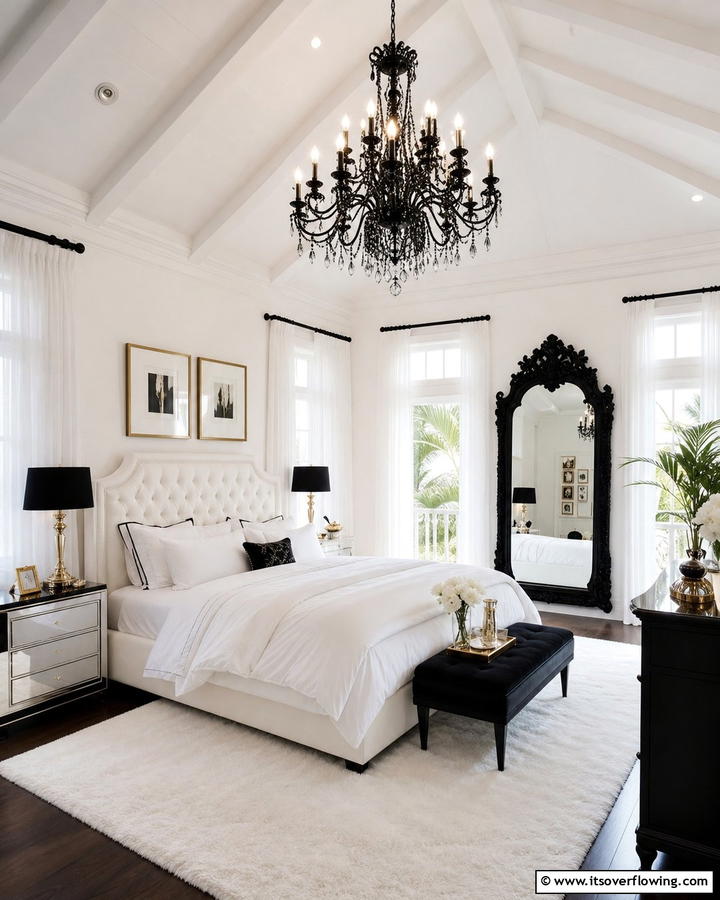Feminine Black Chandelier - 20 Feminine Black and White Bedroom Ideas for Elegance