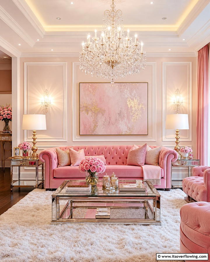 Feminine Glam with Crystal Chandeliers - 20 Pink Couch Living Room Ideas for a Bold Statement