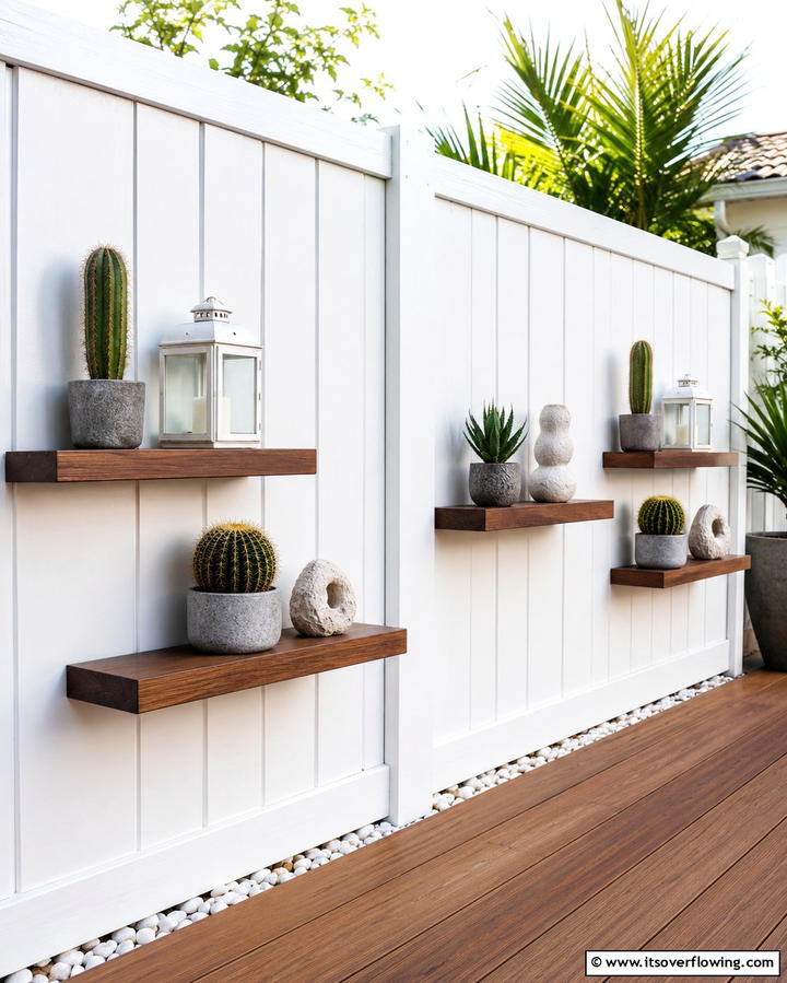 Fence Shelves for Decor - 25 Fence Art Ideas to Add Personality to Your Yard