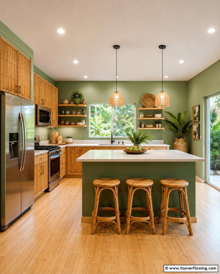 Fern Green Walls with Bamboo Features - 25 Warm Green and Brown Kitchen Design Ideas