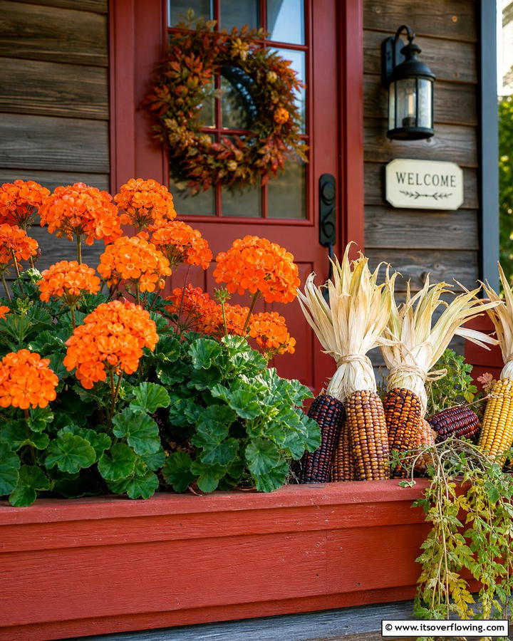 Festive Flair with Orange Geraniums and Mini Corn - 20 Fall Flower Box Ideas for Seasonal Beauty