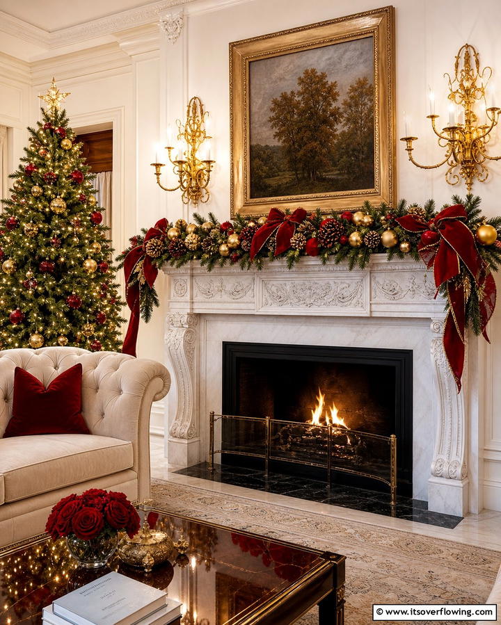 Festive Red and Gold Garland - 25 Mantel Garland Ideas for a Festive Home Decor