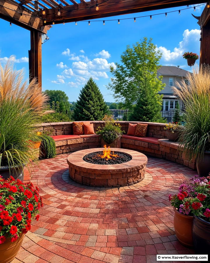 Fire Pit Centerpiece with Red Pavers - 20 Red Paver Patio Ideas for Stunning Outdoor Spaces