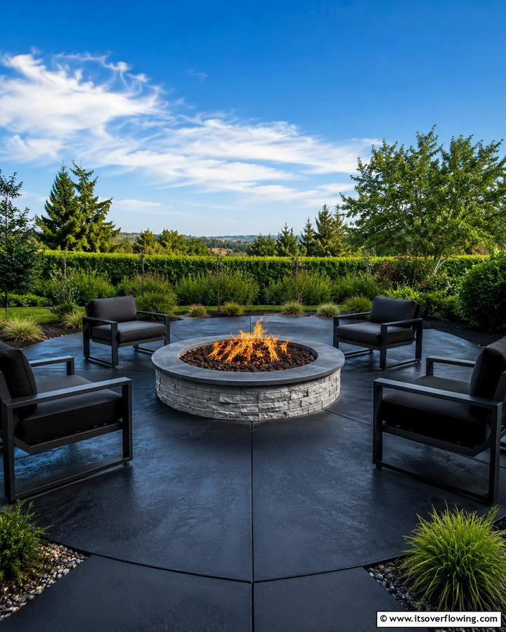 Fire Pit Focal Point - 25 Black Concrete Patio Ideas for Modern Outdoor Spaces