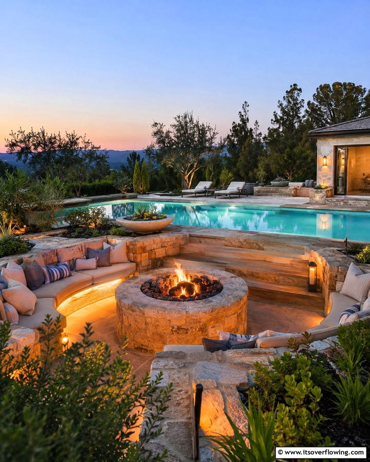 Fire Pit Lounge Area - 25 Tropical Pool Landscaping Ideas for a Resort Feel