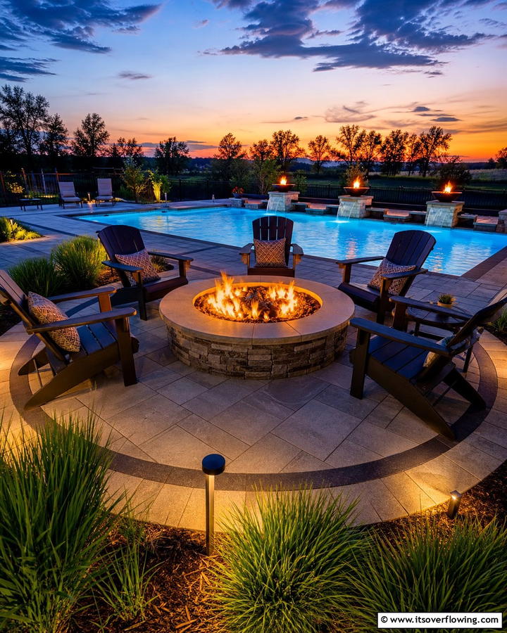 Fire Pit Perimeter - 30 Concrete Pavers Around Pool Ideas for Durable Style