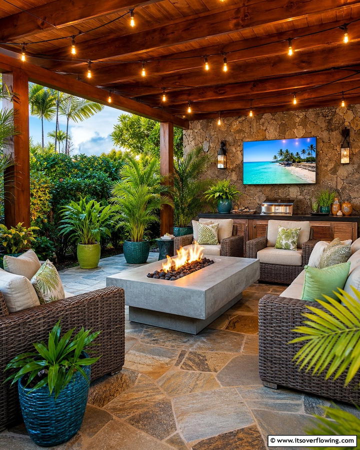 Fire Pit Table for Warmth - 20 Lanai Porch Ideas- Tropical Outdoor Living