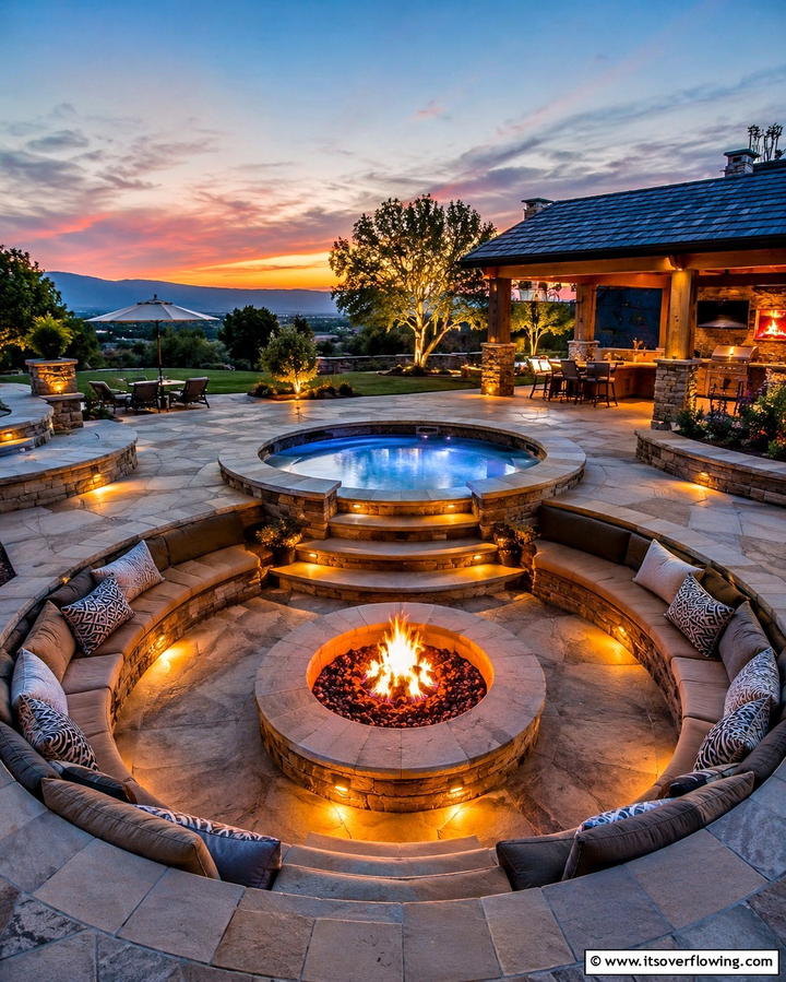 Fire Pit and Sunken Hot Tub Combo - 20 Sunken Hot Tub Ideas for Relaxing Outdoor Spaces