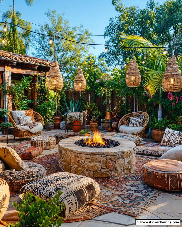 Fire Pit for Cozy Gatherings - 25 Cozy Boho Patio Ideas for Relaxing Outdoor Spaces