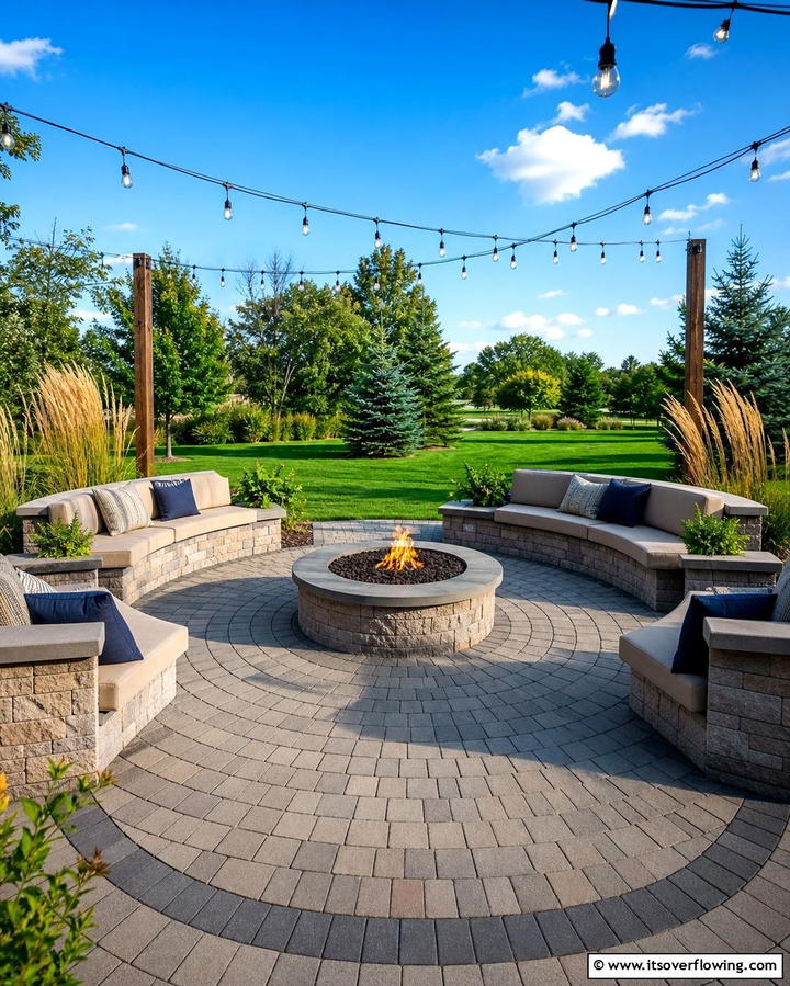 Fire Pit with Circular Paver Seating Area - 25 Concrete Paver Patio Fire Pit Ideas for Cozy Nights