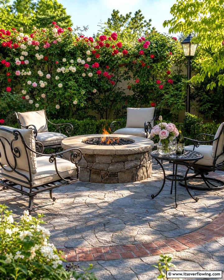 Fire Pit with Cobblestone Style Concrete Pavers - 25 Concrete Paver Patio Fire Pit Ideas for Cozy Nights