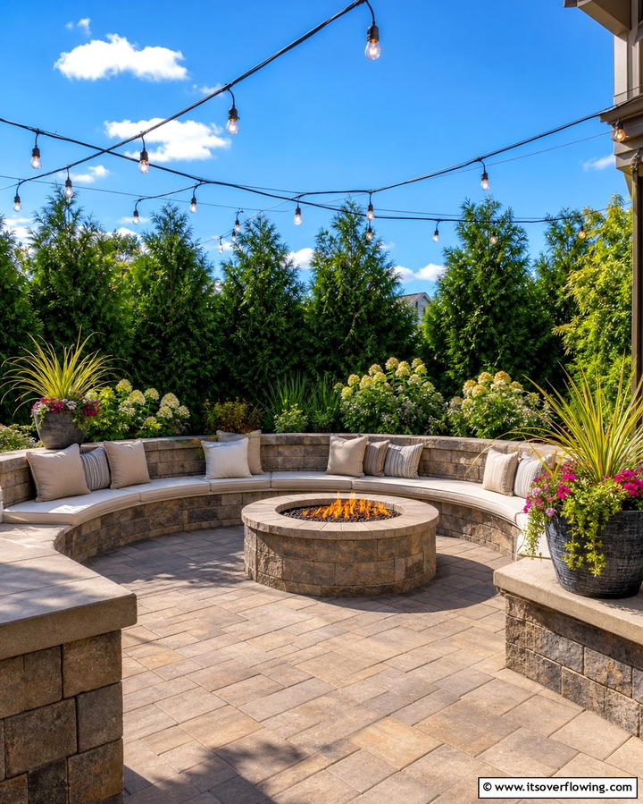 Fire Pit with Concrete Paver Seating Wall - 25 Concrete Paver Patio Fire Pit Ideas for Cozy Nights