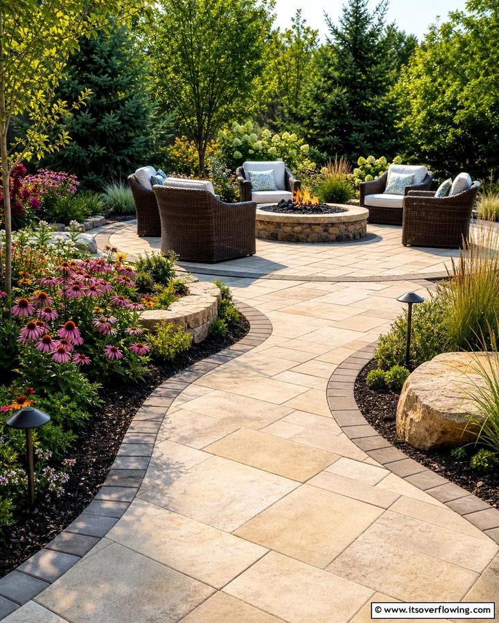 Fire Pit with Curved Paver Pathways - 25 Concrete Paver Patio Fire Pit Ideas for Cozy Nights