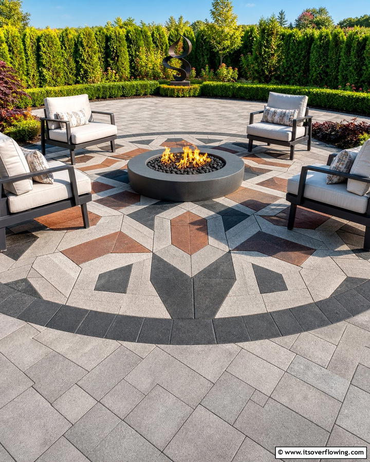 Fire Pit with Decorative Paver Inlay - 25 Concrete Paver Patio Fire Pit Ideas for Cozy Nights