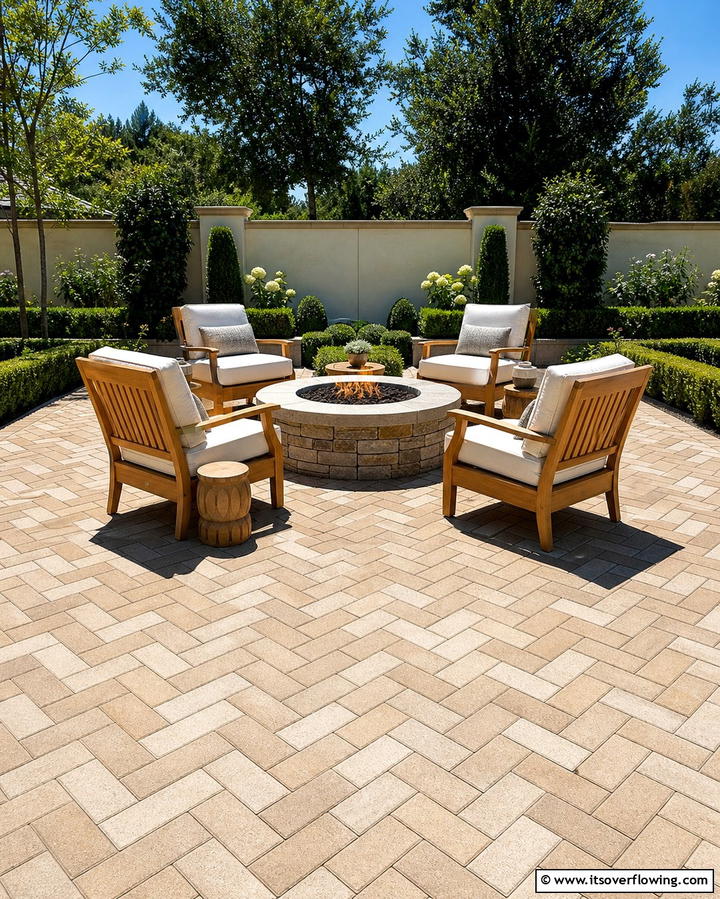 Fire Pit with Herringbone Paver Pattern - 25 Concrete Paver Patio Fire Pit Ideas for Cozy Nights