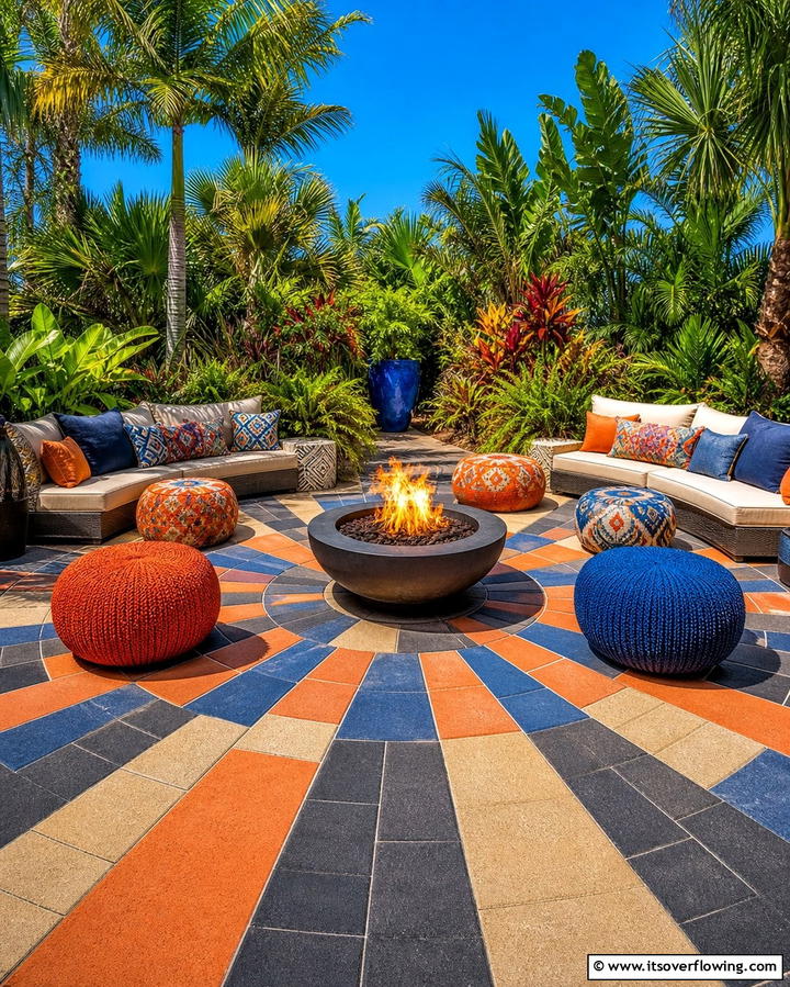 Fire Pit with Multi Colored Paver Layout - 25 Concrete Paver Patio Fire Pit Ideas for Cozy Nights