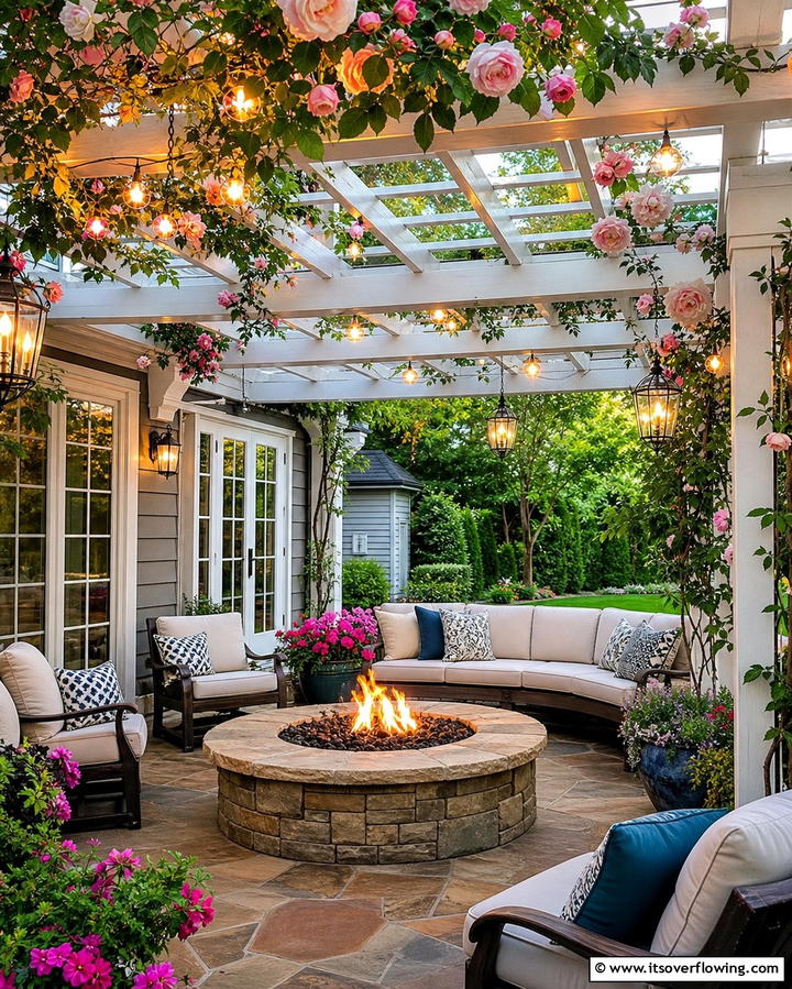 Fire Pit with Pergola Overhead - 25 Backyard Fire Pit Ideas for Cozy Landscaping