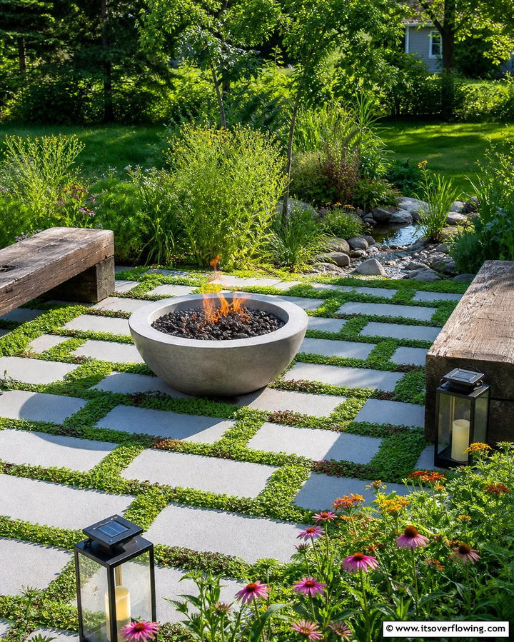 Fire Pit with Permeable Concrete Pavers - 25 Concrete Paver Patio Fire Pit Ideas for Cozy Nights