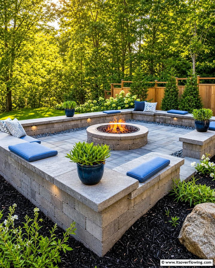 Fire Pit with Raised Concrete Paver Edging - 25 Concrete Paver Patio Fire Pit Ideas for Cozy Nights