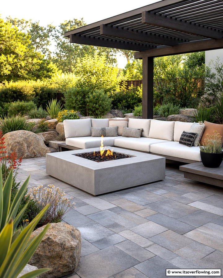 Fire Pit with Staggered Paver Layout - 25 Concrete Paver Patio Fire Pit Ideas for Cozy Nights