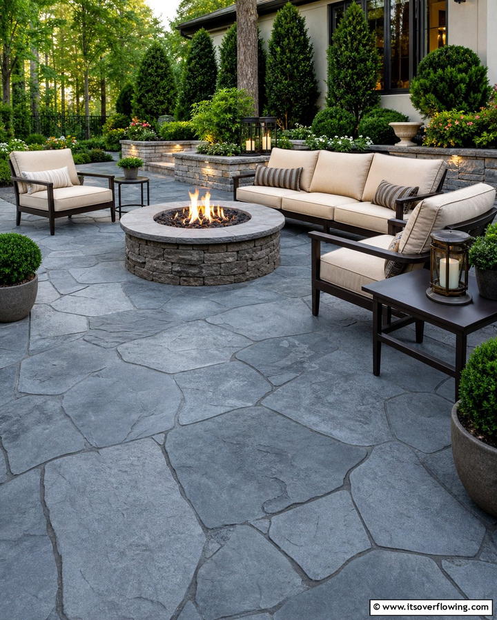 Fire Pit with Stamped Concrete Pavers - 25 Concrete Paver Patio Fire Pit Ideas for Cozy Nights