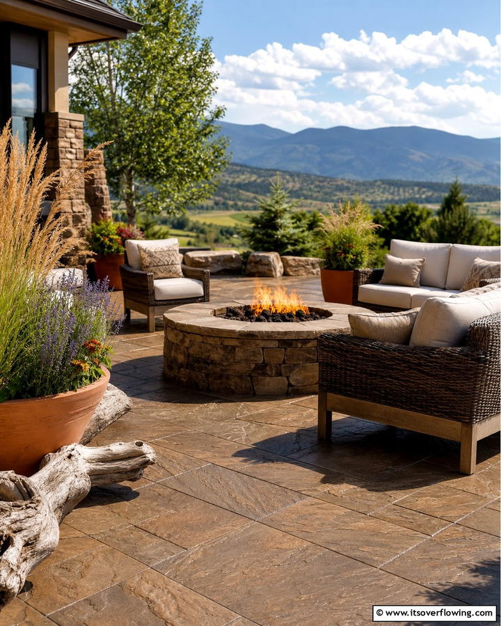 Fire Pit with Textured Paver Surface - 25 Concrete Paver Patio Fire Pit Ideas for Cozy Nights