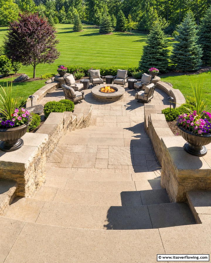 Fire Pit with Wide Concrete Paver Steps - 25 Concrete Paver Patio Fire Pit Ideas for Cozy Nights