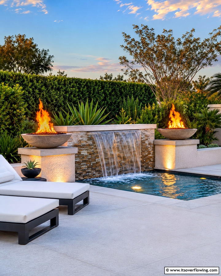 Fire and Water Combination - 25 Small Pool Waterfall Ideas for Your Backyard