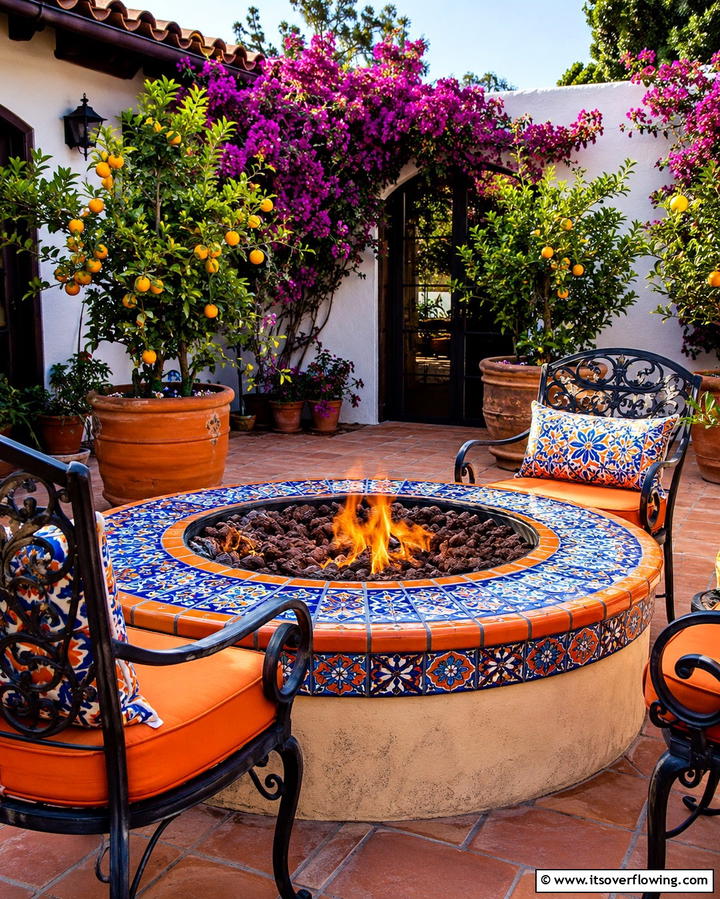 Firepit with Custom Mosaic Design - 25 Patio Ideas With Firepit for Cozy Gatherings