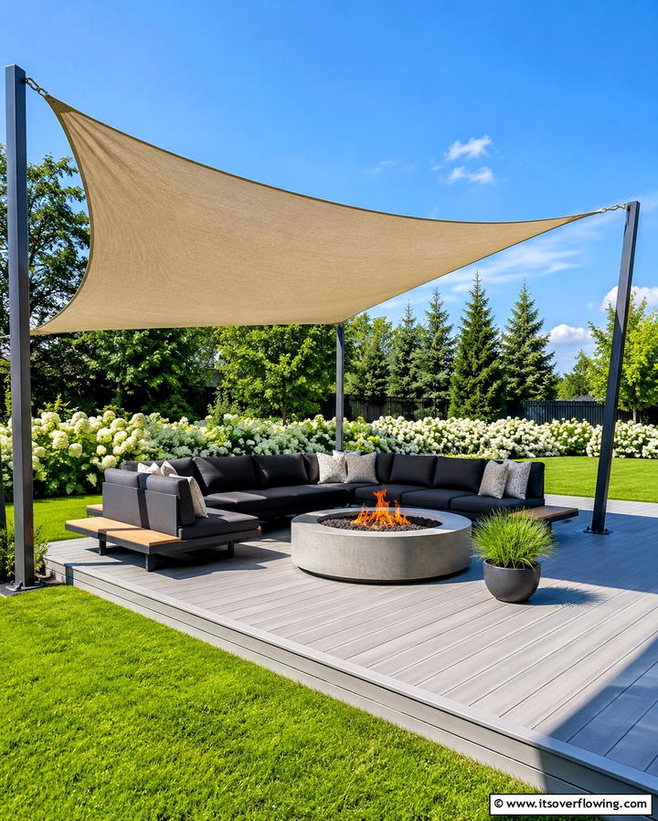 Firepit with Shade Sail Coverage - 25 Patio Ideas With Firepit for Cozy Gatherings