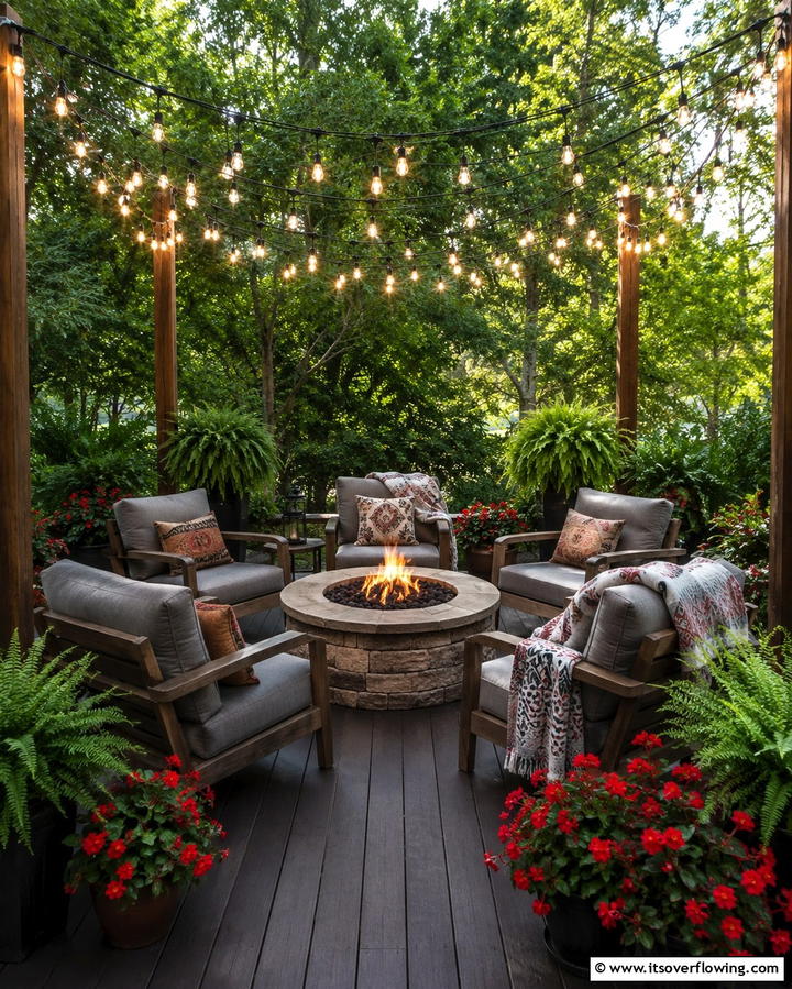 Firepit with String Light Canopy - 25 Patio Ideas With Firepit for Cozy Gatherings
