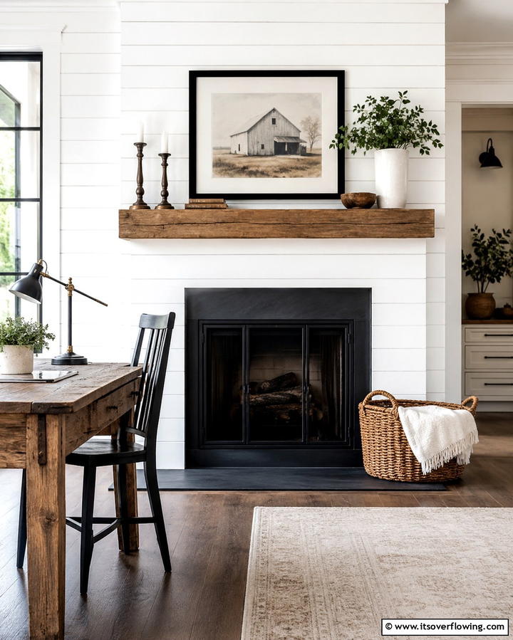 Fireplace Surrounded by Shiplap - 25 Home Office With Fireplace Ideas for Cozy Workspaces