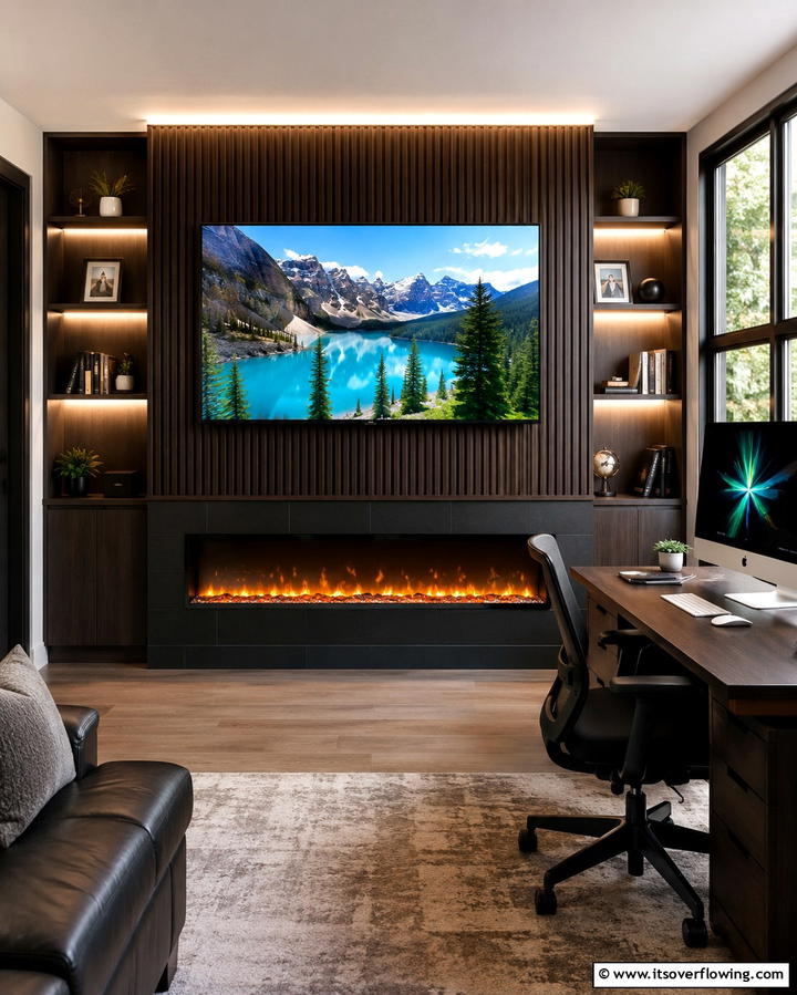 Fireplace Under a TV Setup - 25 Home Office With Fireplace Ideas for Cozy Workspaces
