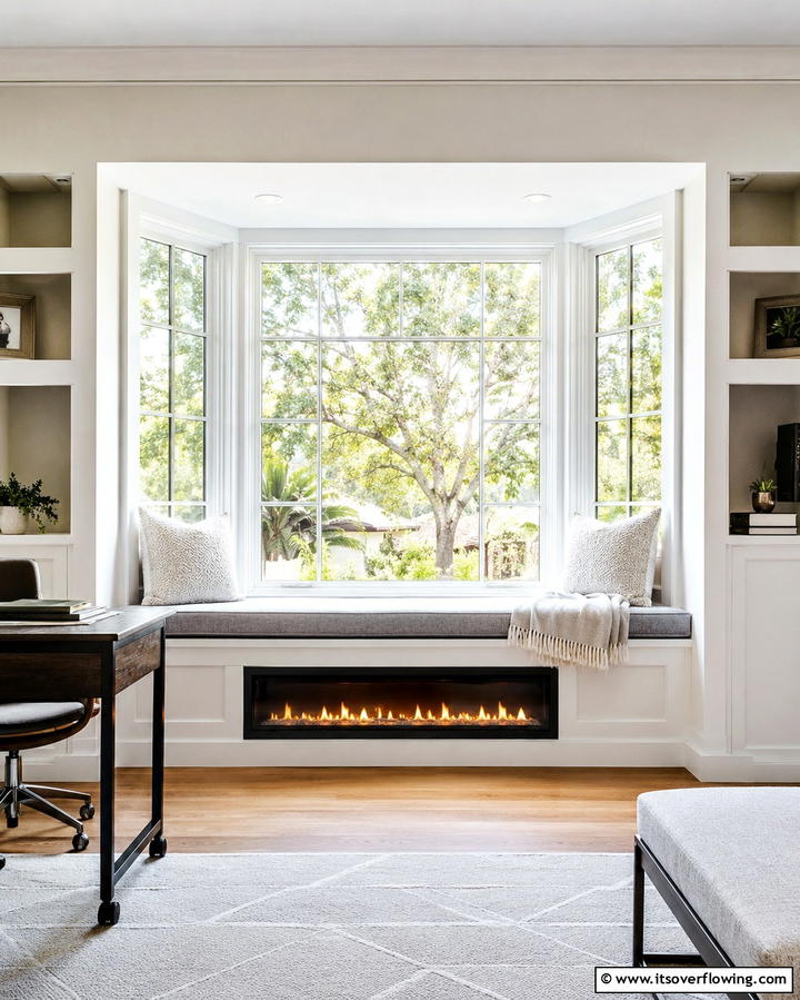 Fireplace Under a Window Nook - 25 Home Office With Fireplace Ideas for Cozy Workspaces