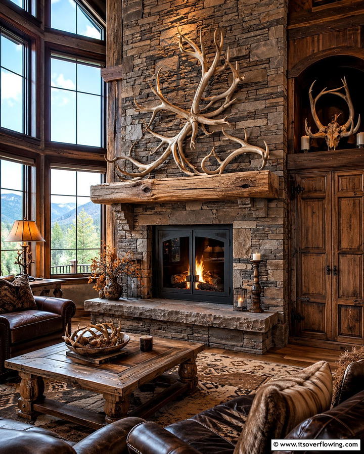 Fireplace with Antler Accents - 25 Rustic Fireplaces to Warm Up Your Living Space