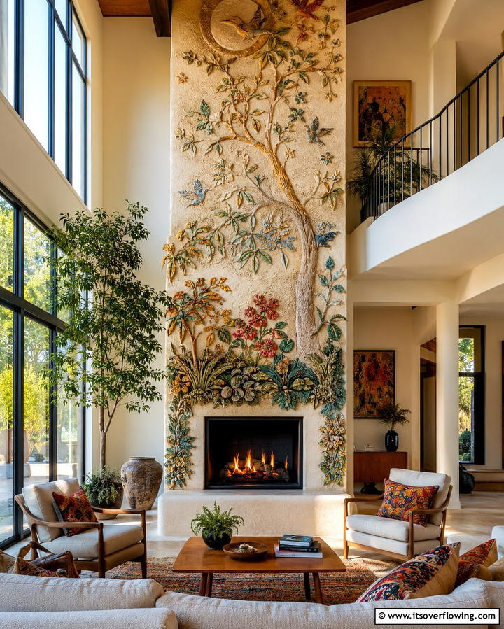Fireplace with Artistic Mural - 25 Two-story Fireplace Ideas for Cozy Ambiance