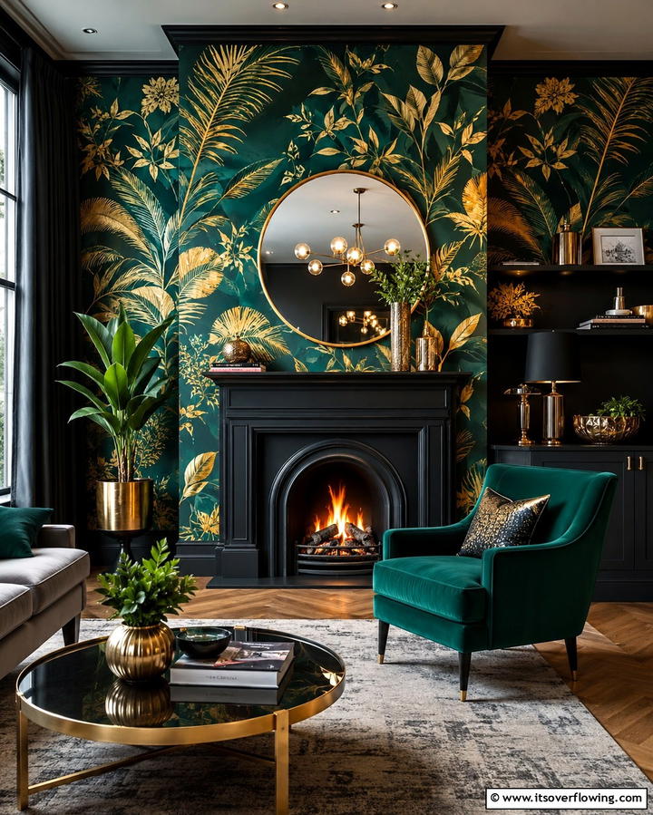Fireplace with Bold Wallpaper Backdrop - 25 Off-center Fireplace Ideas for a Unique and Modern Living Room