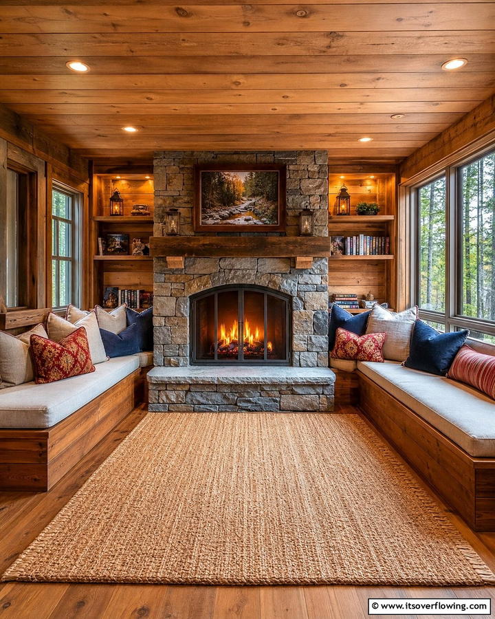 Fireplace with Built In Seating - 25 Cozy Cabin Fireplace Ideas for a Warm Retreat