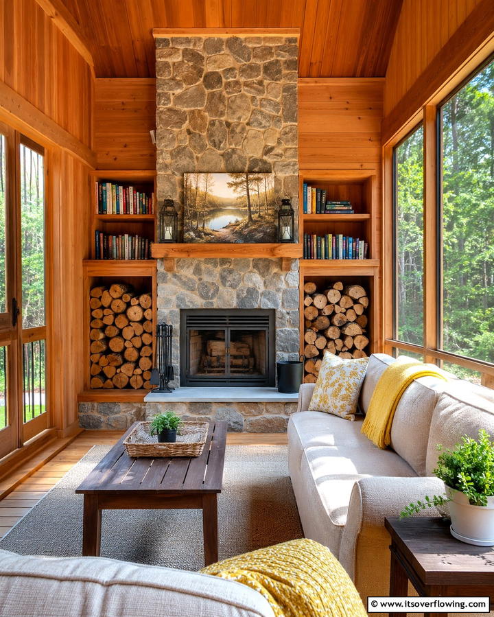 Fireplace with Built In Storage - 25 Screened-in Porch With Fireplace Ideas for Cozy Evenings