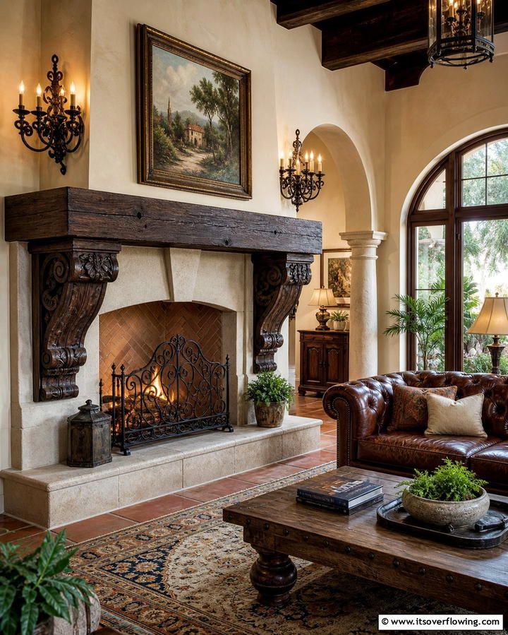 Fireplace with Decorative Corbels - 25 Spanish Style Fireplace Ideas for Cozy Living Spaces