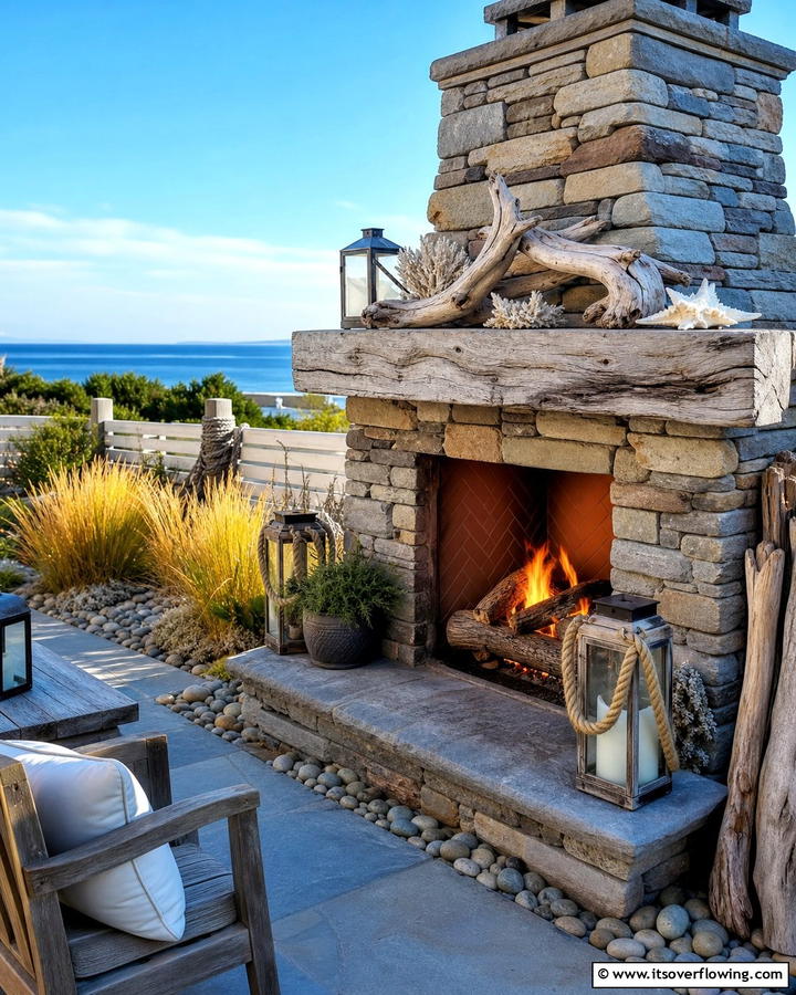 Fireplace with Driftwood Accents - 20 Rustic Outdoor Fireplace Ideas for Cozy Evenings
