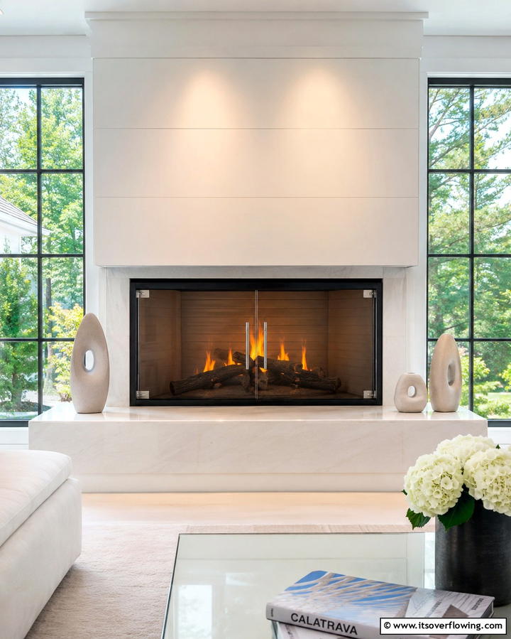 Fireplace with Glass Doors for Modern Appeal - 25 Fireplace Between Windows Ideas for Cozy Homes