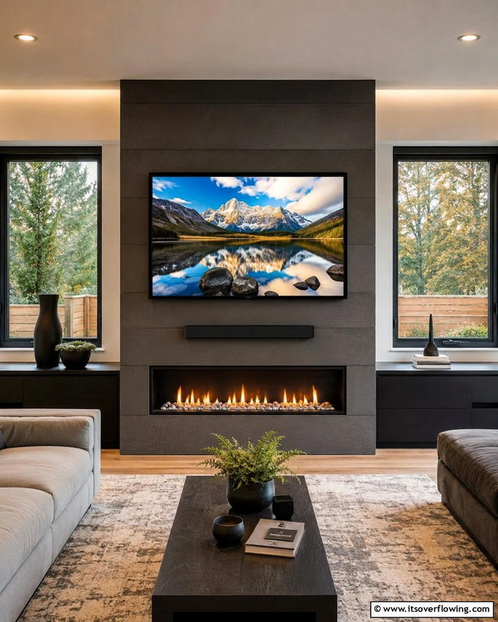 Fireplace with Integrated TV Mount - 25 Fireplace Between Windows Ideas for Cozy Homes